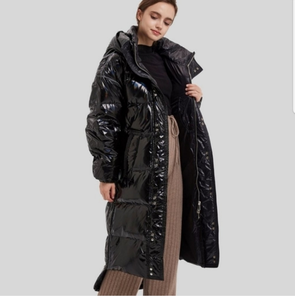 NWOT LATTELIER DOWN FILLED Black SHINY Puffer FULL LENGTH Coat for Women SZ.L